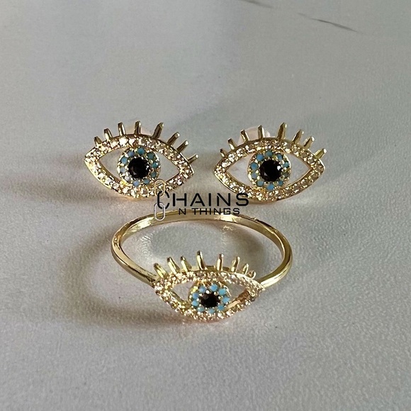 Blue eye Ring & Earrings SET gold plated sparkly zircon cute lashes boho stylish - Picture 1 of 7